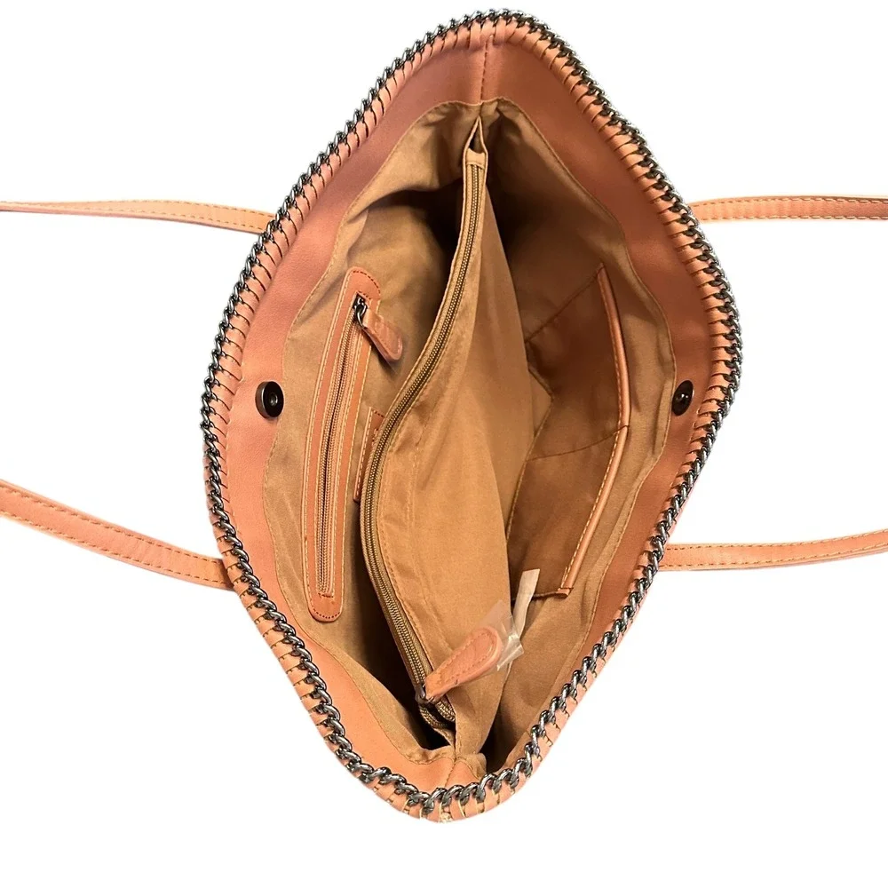 Chico's Marbled Faux Leather Large Tote Bag Blush Tan Brown Metal Chain Trim NEW